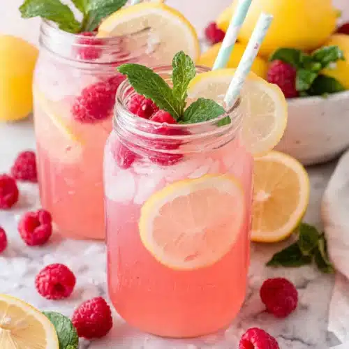 Fresh Raspberry Lemonade Recipe: Refreshingly Tart and Sweet 1 Fresh raspberry lemonade in mason jars with lemon slices and mint garnish