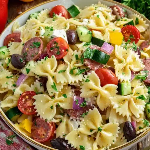 Italian Pasta Salad: A Deliciously Easy Weeknight Dish 1 Colorful Italian pasta salad with bow tie pasta, tomatoes, cucumbers, olives, and cheese