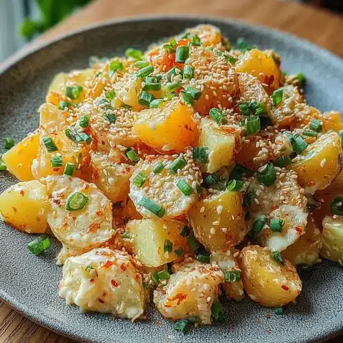 Korean Potato Salad: A Creamy Delight You’ll Love 1 Korean potato salad with sesame seeds and green onions on a gray plate
