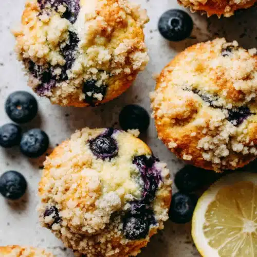 Lemon Blueberry Muffins: Delightful and Easy Treats 1 Freshly baked lemon blueberry muffins with crumble topping and lemon zest