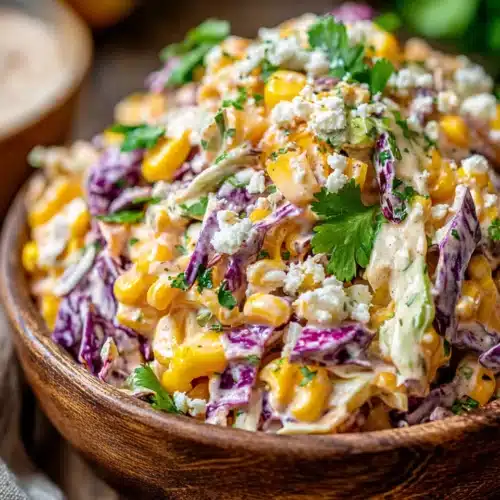 Delicious Mexican Street Corn Coleslaw You'll Love 1 Mexican street corn coleslaw with corn, cabbage, cilantro, and creamy dressing