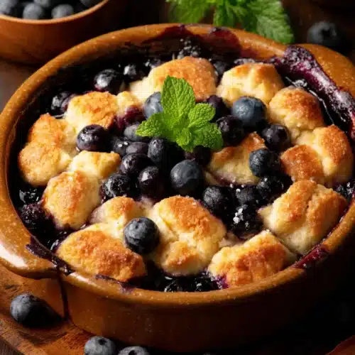 Old fashioned blueberry cobbler in a ceramic dish with fresh mint and scattered berries