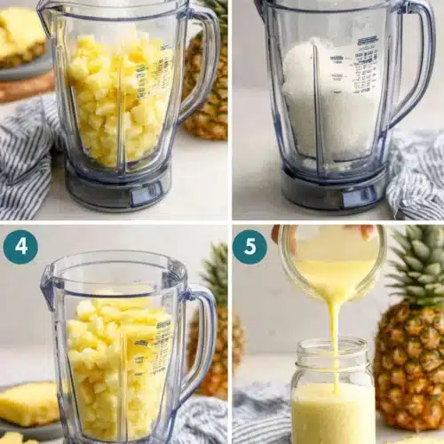 Pineapple Aqua Fresca: Refreshing and Easy Delight 1 Step-by-step process of making pineapple aqua fresca in a blender with fresh pineapple chunks, sugar, and water