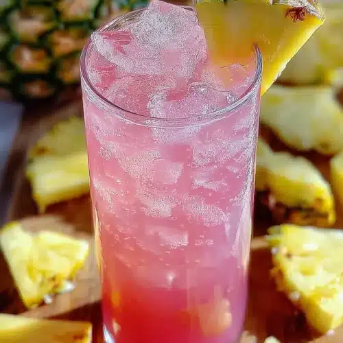 Pineapple pink lemonade party drink with ice and pineapple garnish