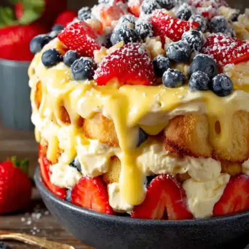 Deliciously Easy Red, White and Blue Trifle Recipe 1 Red, white and blue trifle with strawberries, blueberries, and whipped cream in a dark bowl
