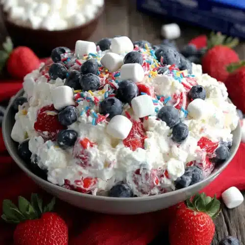 Red White & Blue Fluff Salad: A Festive Delight 1 Red white & blue fluff salad with strawberries, blueberries, and marshmallows in a bowl