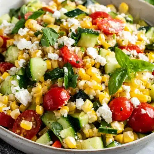 Refreshing Corn Salad: A Simple and Flavorful Delight 1 Refreshing corn salad with corn, tomatoes, cucumber, feta, and herbs in a white bowl