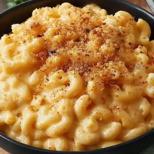 Slow Cooker Macaroni and Cheese: An Indulgent Family Favorite 1 Slow cooker macaroni and cheese with crispy breadcrumb topping in a black bowl