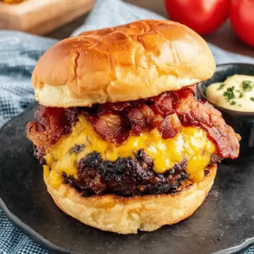 Smashed Burger: The Ultimate Juicy Delight 1 Crispy smashed burger with melted cheese and bacon on a brioche bun