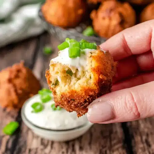 Appetizer Snacks: Crispy Smoky Jalapeno Cheddar Hush Puppies 1 Crispy smoky jalapeno cheddar hush puppy with creamy dipping sauce, perfect appetizer snacks