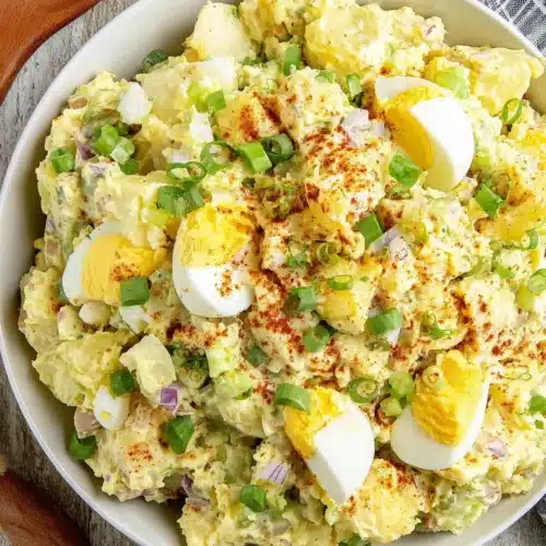 Delicious Southern Potato Salad: A Family Favorite 1 Creamy southern potato salad with eggs and green onions in a white bowl