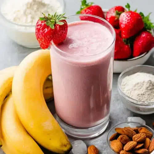 Strawberry banana protein smoothie in a glass with fresh fruit and ingredients around