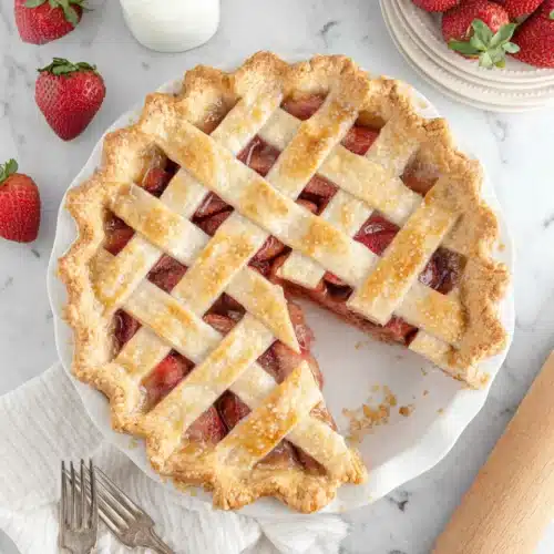 Delicious Strawberry Pie for a Perfect Summer Treat 1 Strawberry pie with lattice crust, slice removed, fresh strawberries, milk bottle