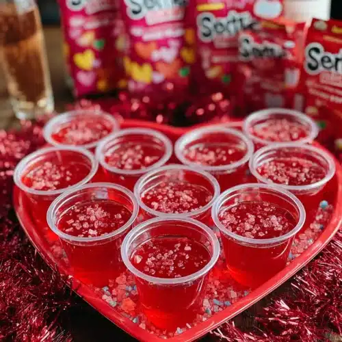 Strawberry Pop Rock Jello Shots: A Fun and Flavorful Treat 1 Strawberry pop rock jello shots in red heart tray with Pop Rocks and champagne