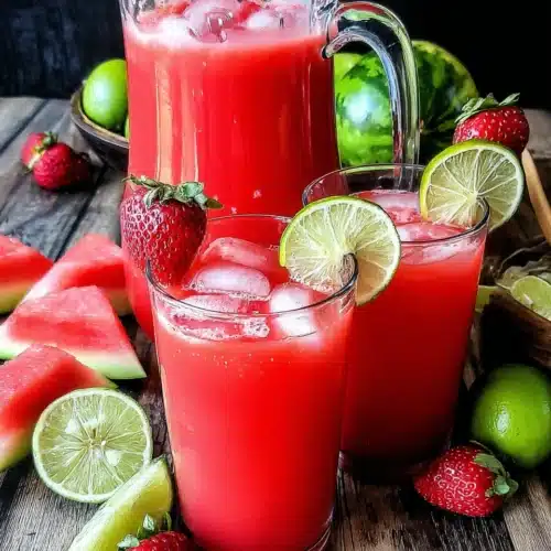 Strawberry watermelon agua fresca in glasses and pitcher with fresh fruit garnish