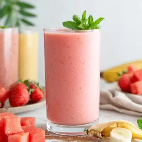 Weight Loss Smoothie: Refreshing and Delicious Treat 1 Pink weight loss smoothie with mint garnish, surrounded by frozen strawberries and watermelon