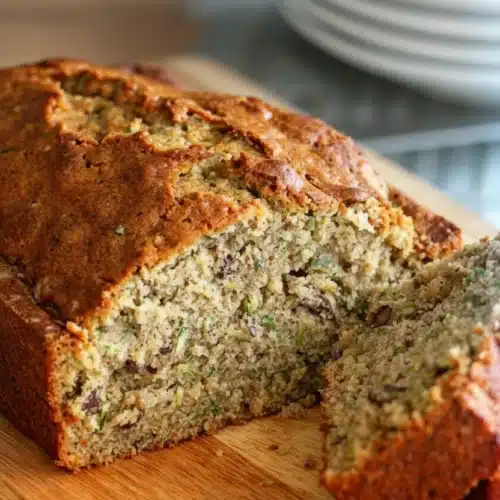 Delicious 2 Loaf Zucchini Bread Recipe for Everyone 1 Moist 2 loaf zucchini bread with pecans, sliced on wooden board