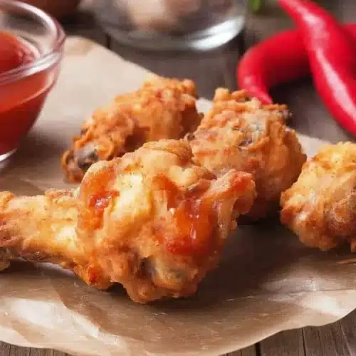 Crispy air fryer fried chicken with ketchup and red peppers