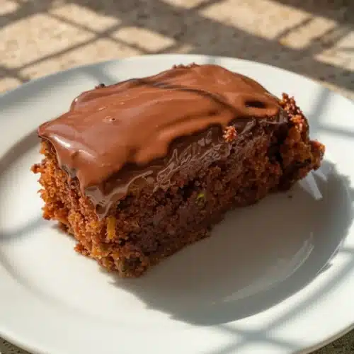 Indulgent Allrecipes Zucchini Brownies You’ll Love 2 Allrecipes zucchini brownie with chocolate peanut butter frosting on a plate