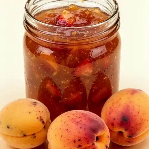 Easy Apricot Strawberry Jam Recipe: A Sweet Delight 2 Apricot strawberry jam in a glass jar with fresh apricots and a spoon
