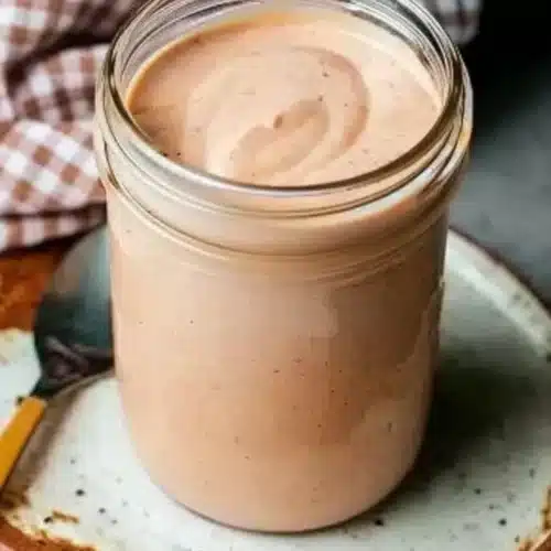 Creamy BBQ ranch dressing in a glass jar, perfect for dipping and drizzling