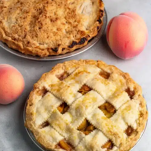 Best Peach Pie Recipe with Crumble Topping: Irresistibly Delicious 2 Best peach pie recipe with crumble topping and lattice crust, fresh peaches, checkered cloth