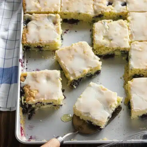 Delightful Blueberry Zucchini Bars Everyone Will Love 2 Blueberry zucchini bars with white glaze on a baking tray