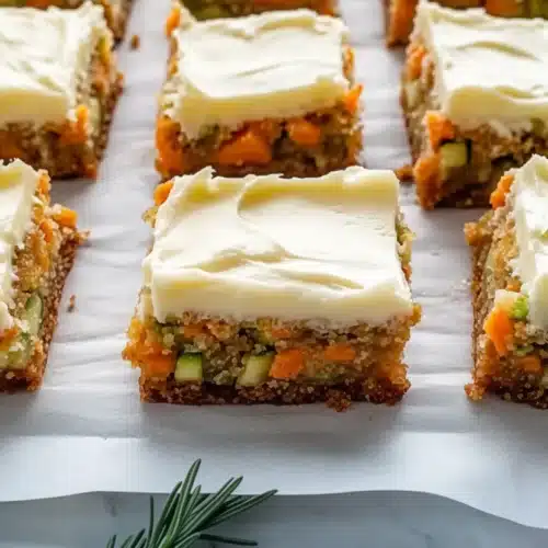 Delicious Carrot Zucchini Bars: A Healthy Treat 2 Moist carrot zucchini bars with cream cheese frosting, topped with lemon zest, arranged on parchment paper