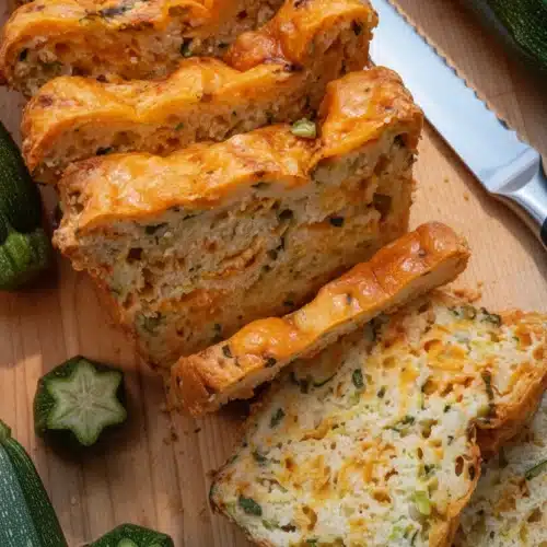 Delicious Cheese Zucchini Bread Recipe for Everyone 2 Slices of cheesy zucchini bread with green onions on a wooden board