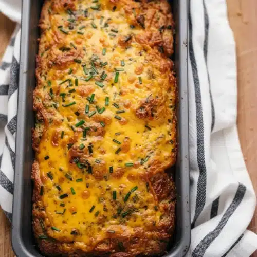 Cheesy Zucchini Bread: A Delightfully Savory Treat 2 Cheesy zucchini bread with melted cheddar and chives in a loaf pan