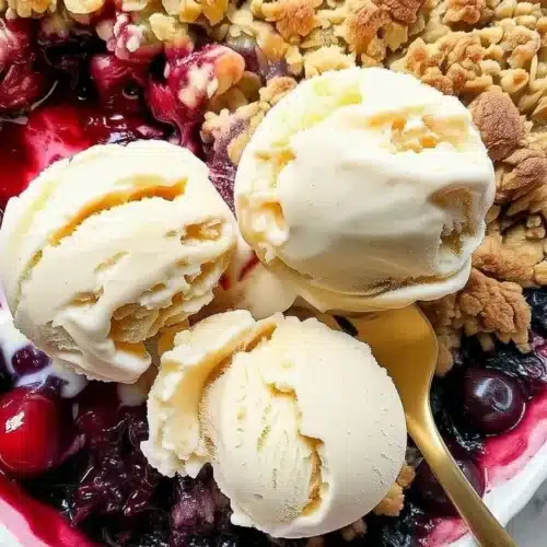The Most Delightful Cherry Crisp Recipe You'll Ever Make 1 Cherry crisp with vanilla ice cream and golden fork, warm dessert