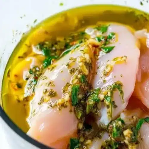 Easy Chicken Souvlaki Recipe for Everyone 1 Chicken souvlaki marinating in olive oil, lemon, garlic, and herbs