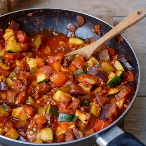 Colorful Vegetable Ratatouille in Pan: A Flavorful Delight 2 Colorful vegetable ratatouille in pan with eggplant, zucchini, tomatoes, and bell pepper