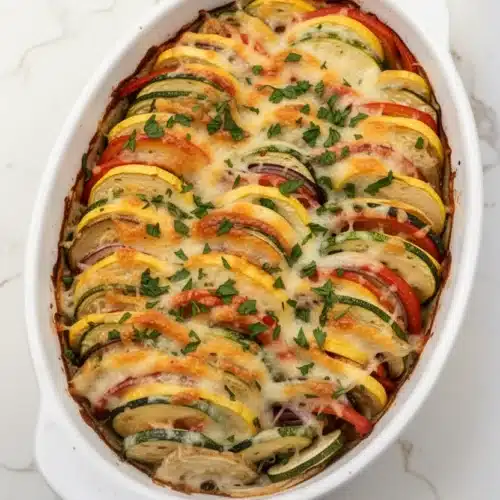 Colorful Vegetable Tian Recipe: A Delightful Weeknight Dinner 2 Colorful vegetable tian with zucchini, squash, and cheese in a white dish