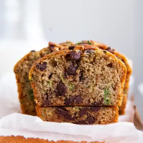 Comfort Food Made Healthy: Delightful Zucchini Bread 2 Healthy chocolate chip zucchini bread slice with visible zucchini and chocolate chips