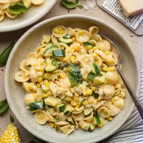 Creamy Zucchini Corn Pasta: A Delightfully Easy Dinner 2 Creamy zucchini corn pasta with orecchiette, zucchini, corn, and Parmesan in a speckled bowl.