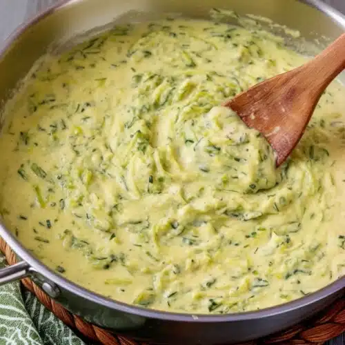 Creamy Zucchini Sauce: A Deliciously Simple Delight 2 Creamy zucchini sauce in a skillet with wooden spoon, fresh herbs and cheese