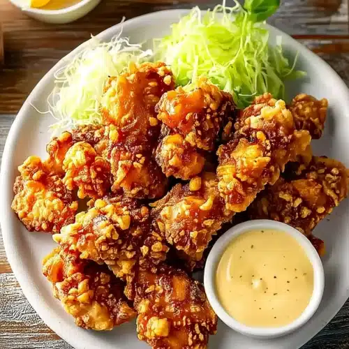 Crispy Karaage: The Ultimate Japanese Fried Chicken 1 Crispy karaage chicken with creamy dipping sauce and shredded cabbage