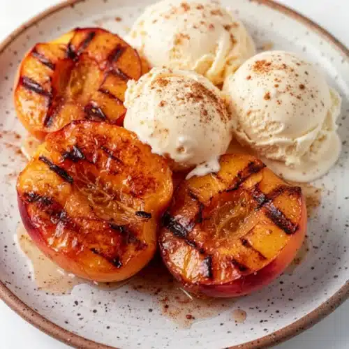 Easy Air Fryer Grilled Peaches: A Delightful Dessert 2 Easy air fryer grilled peaches with vanilla ice cream on a speckled plate