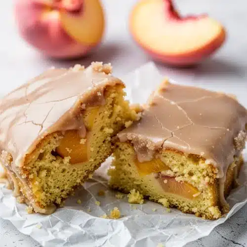 Easy Brown Sugar Peach Cake: Irresistibly Delicious 2 Easy brown sugar peach cake slice with glossy frosting and fresh peaches