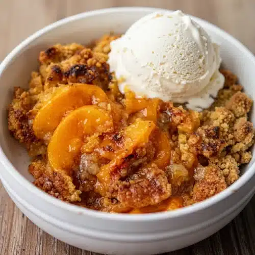 Easy Homemade Peach Crisp: A Deliciously Simple Delight 2 Easy homemade peach crisp with golden topping and vanilla ice cream