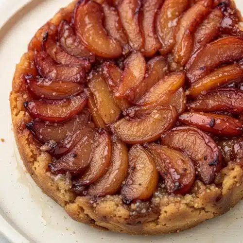 Easy Peach Tarte Tatin: A Delightful Dessert to Savor 2 Easy peach tarte tatin with caramelized peaches and golden crust on a white plate