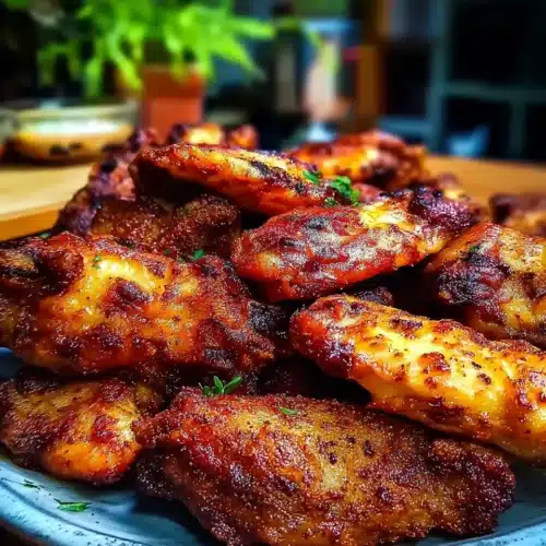 Extra Crispy Baked Wings: Irresistibly Crunchy and Easy 1 Extra crispy baked wings on a blue plate, golden and seasoned, garnished with herbs