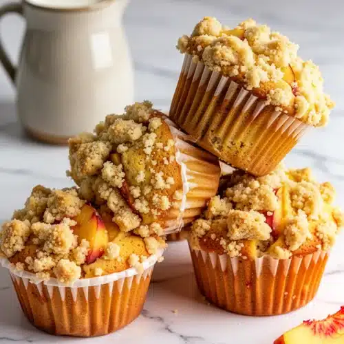 Fresh Peach Muffins Recipe with Crumble Topping – Irresistibly Delicious 2 Fresh peach muffins with crumble topping, golden and moist, served with milk