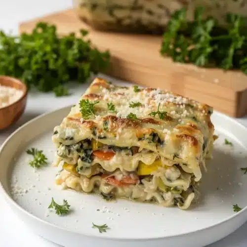 Delicious Garden Lasagna That's Simple and Healthy 2 A slice of garden lasagna with vibrant vegetables and creamy cheese layers on a white plate