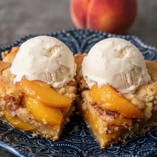 Gramma's Peach Cobbler Recipe: Deliciously Simple and Indulgent 2 Gramma's peach cobbler with vanilla ice cream on a blue plate