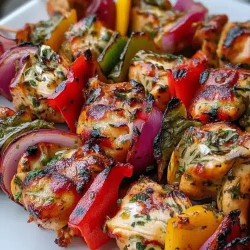 Grilled Chicken Skewers: A Flavorful Delight 1 Grilled chicken skewers with bell peppers and onions on a white plate