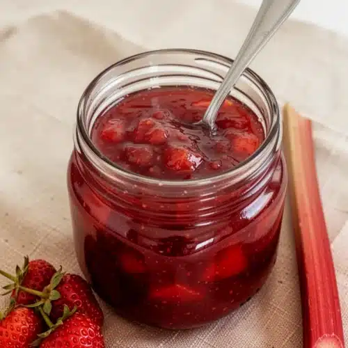 Homemade Strawberry Rhubarb Jam with Pectin: A Sweet Delight 2 Homemade strawberry rhubarb jam with pectin in a jar with fresh fruit and mint