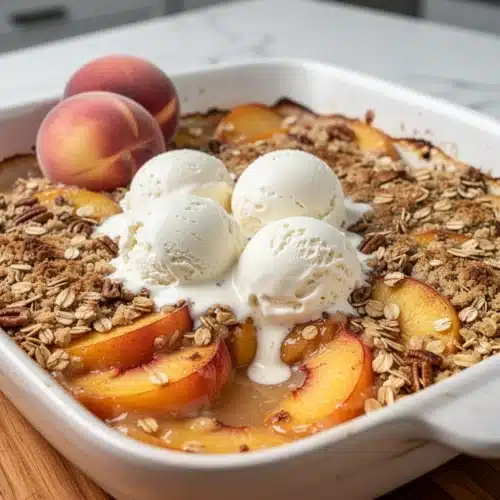 Low Calorie Peach Crisp: Your Deliciously Healthy Dessert 2 Low calorie peach crisp with oat topping and vanilla ice cream in a white baking dish