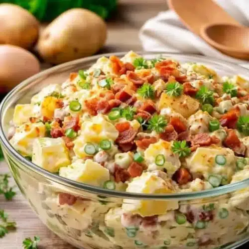 Paula Deen Loaded Potato Salad: A Deliciously Simple Delight 1 Paula Deen loaded potato salad with bacon, cheese, and green onions in a glass bowl